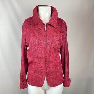 Erin London Zip Casual Jacket Women's L Red Metallic Snake Pattern Hip Grandma